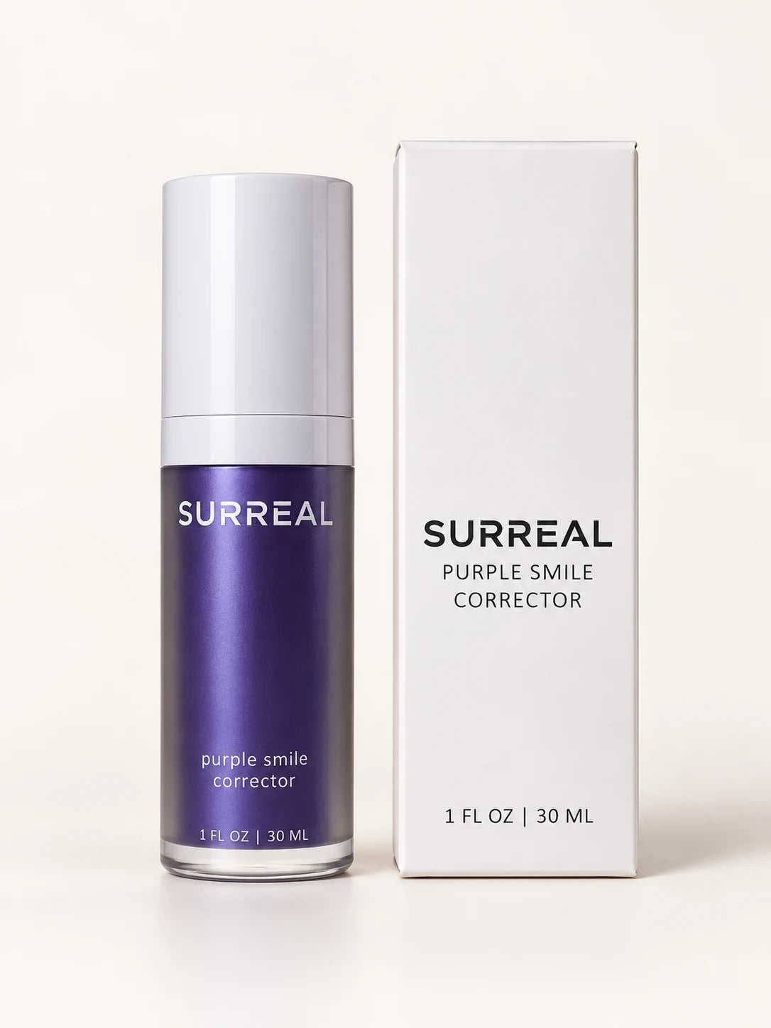 SURREAL Purple Smile Corrector bottle and matching box on a soft cream background
